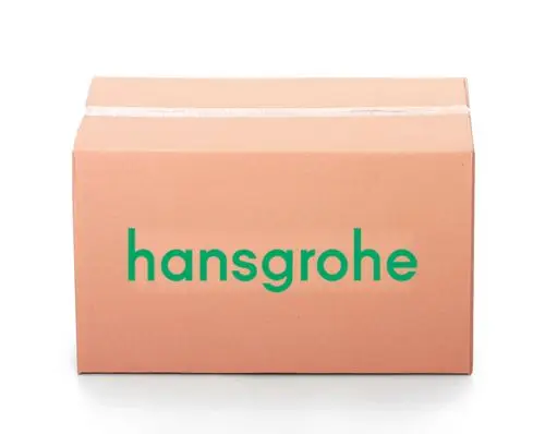 Karton mit der Aufschrift "hansgrohe" auf der Vorderseite, in neutralem Braun, auf einer weißen Oberfläche platziert.